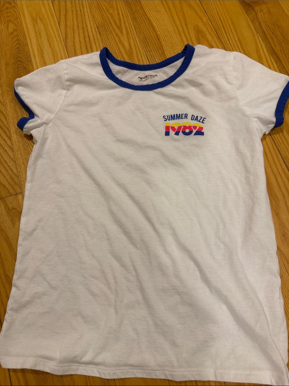 Arizona Jean Company White Ringer Tee with Blue Trim and Colorful '1982' Graphic